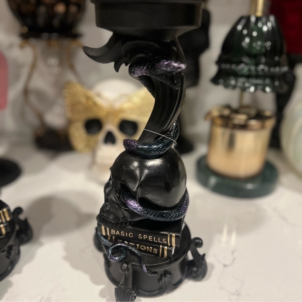 New Spooky Halloween Large Black Skull Spells Snake Candle Holder Decor Set of 2 - Picture 7 of 8